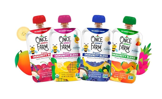 Once Upon a Farm | Immunity Blend | Apple Cherry &amp Elderberry Mango Banana &amp Spirulina Pineapple Banana &amp Dragon Fruit Pineapple | No Added Sugar | Variety Pack of 24