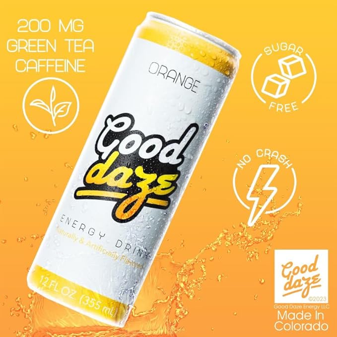 Good Daze Energy Drink with 200mg of Caffeine from Tea Sugar Free B Vitamins L-Theanine Pre Workout Performance with Antioxidants Orange 12FL OZ Cans (Pack of 12)