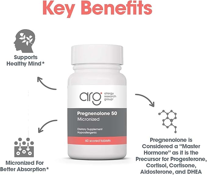Allergy Research Group ARG Pregnenolone 50 mg - Micronized Hormone Precursor Support - Highly Bioavailable - Hypoallergenic - 60 Servings - 60 Scored Tablets