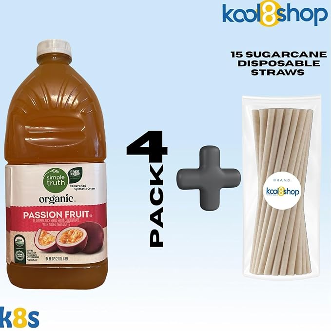 Simple Truth Organic Passion Fruit Juice 64 fl oz Plastic Bottles 4 Pack + 15 Sugarcane Disposable Straws by KOOL8SHOP Infinite Deals