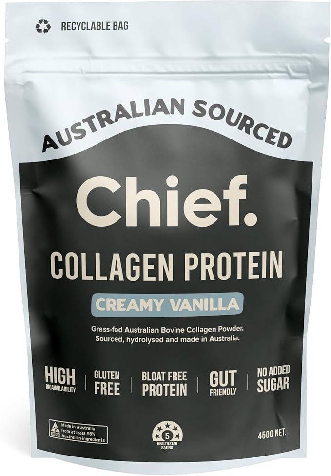 Chief. Collagen Protien Powder Creamy Vanilla Flavour 100% Organic Grass-Fed Aussie Beef Supports Gut Health &amp Joints Bloat Free &amp No Sugar 30 Servings