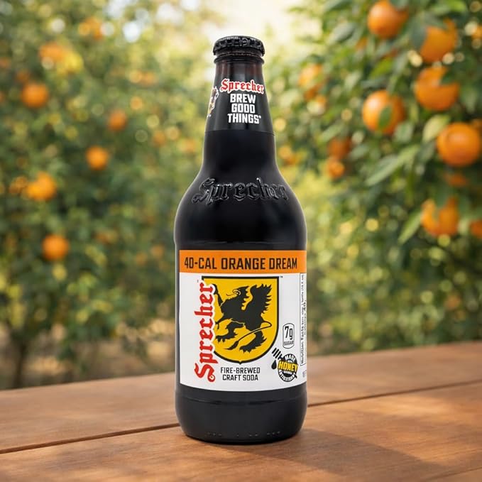 Sprecher Low-Calorie Orange Dream Soda in 16 fl oz Glass Bottles (12 Pack) Fire-Brewed Craft Soda Made with Real Honey Handcrafted Low-Cal Orange Cream Soft Drink