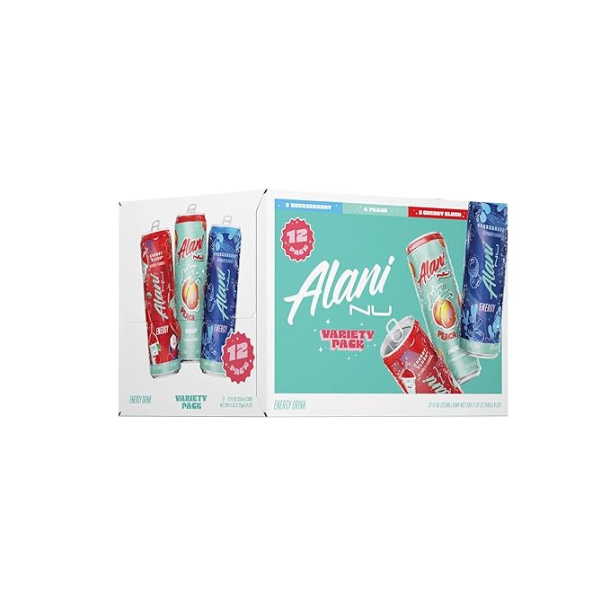 Alani Energy Drinks Christmas Holiday Variety Pack | Breezeberry Juicy Peach &amp Cherry Slush Variety Pack | Sugar-Free Low-Calorie Energy Boost Drink 12 fl oz (Pack of 12) | Winter Limited Editi