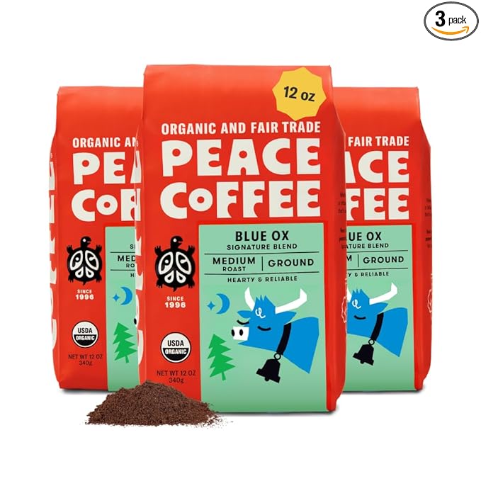 Peace Coffee Blue Ox Blend Ground Medium Roast Coffee 12 oz Pack of 3 Organic Fair Trade Creamy Mild Flavor Shade Grown Fresh Roasted
