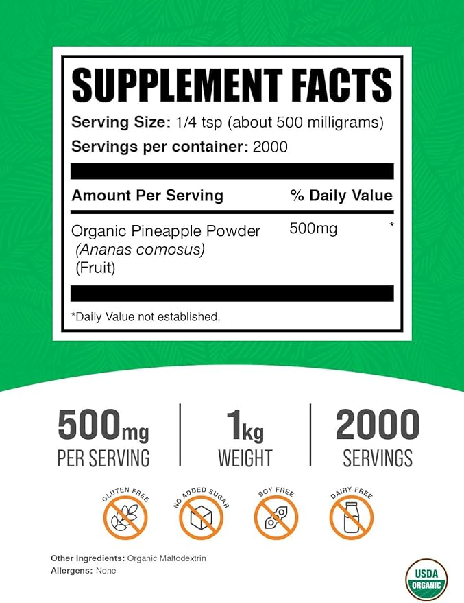 BulkSupplements.com Organic Pineapple Powder - Pineapple Fruit Powder for Flavoring &amp Smoothies - Unsweetened &amp Gluten Free 500mg per Serving 1kg (2.2 lbs) (Pack of 1)