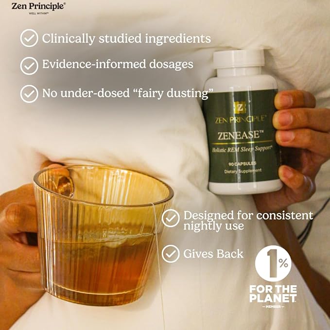 Zen Principle Zenease Sleep Support with Magnesium Glycinate Ashwagandha KSM-66® Saffron L-Theanine &amp GABA – No Melatonin Natural Stress Relief &amp Sleep Aid. 90 Capsules
