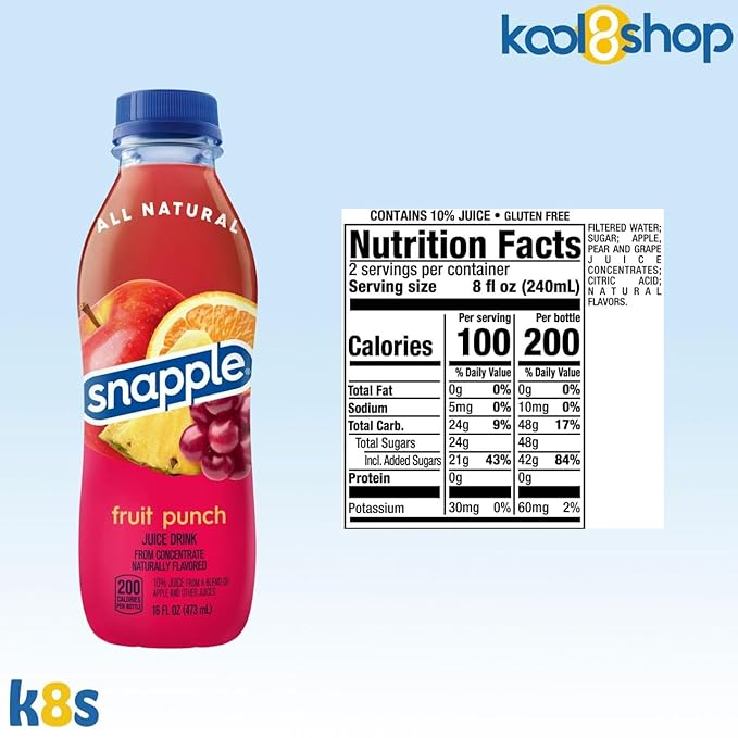 Snapple Fruit Punch All Natural Fruit Juice 16 fl oz Plastic Bottle 16 Pack + 15 Sugarcane Disposable Straws by KOOL8SHOP Infinite Deals