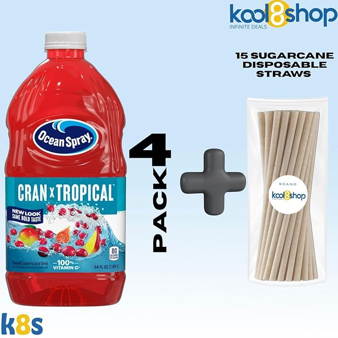 Ocean Spray Cran Tropical Fruit Juice Drink 64 fl oz Plastic Bottle 4 Pack + 15 Sugarcane Disposable Straws by KOOL8SHOP Infinite Deals