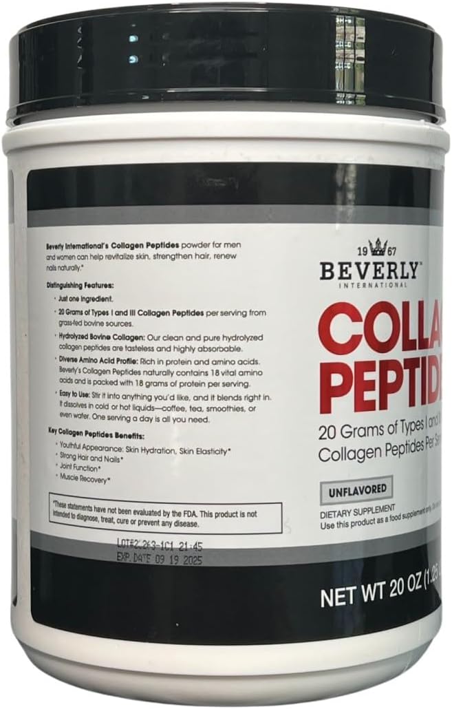 Beverly International Collagen Peptides Protein Powder. Youthful Appearance- Skin Hair Nails Bones and Joint Health. Easy to Use Highly Absorbable. 18 Grams of Protein Unflavored 20 oz.