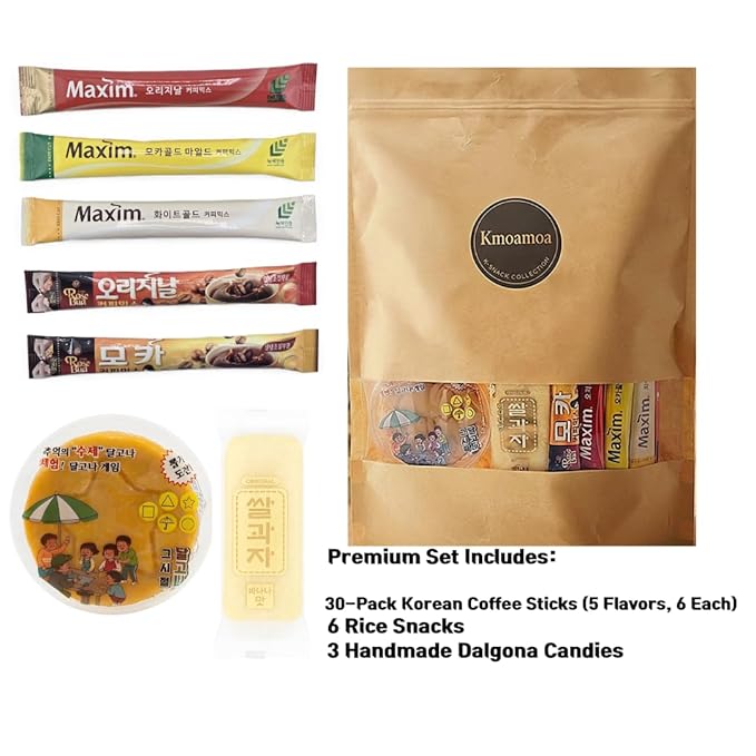 Korean Instant Coffee Packets Mix - 30 Sticks Variety Pack with Dalgona Candy &amp Rice Snacks | 5 Flavors Gift Set (Maxim Original Mocha Gold)