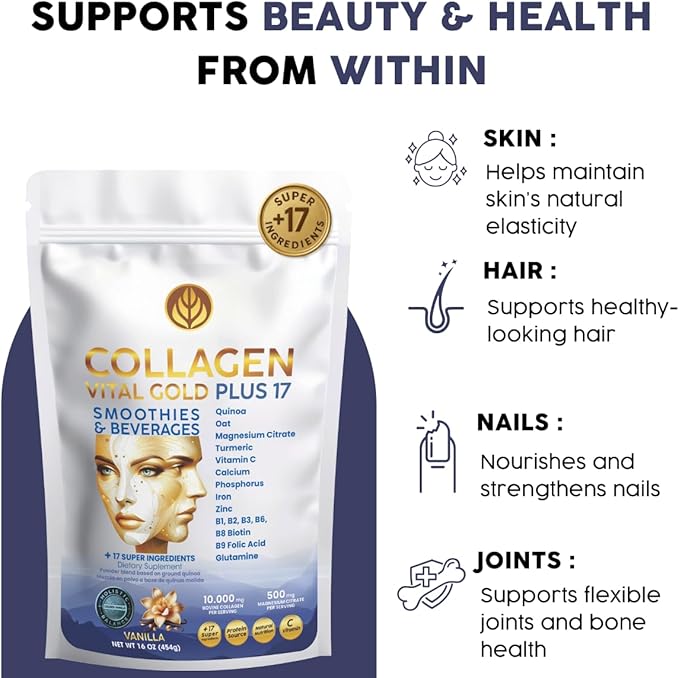 Vital Life Collagen Peptides Powder - Hydrolyzed Collagen with +17 Super Ingredients 1 lb Vanilla Flavor Supplement for Healthy Hair Skin Nails Bones Joints Collagen for Women &amp Men.