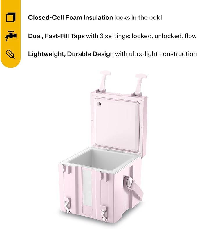 RTIC Halftime Water Cooler 3 Gallon Portable Carrier Container Drink Beverage Dispenser Stackable with 2 Taps Bottleless BPA-Free for Sports Camping BBQ Parties Picnic Pale Pink