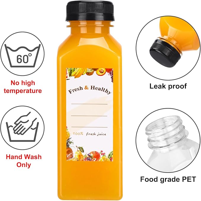 Moretoes 36pcs 12oz Juice Bottles Plastic Bottles with Lids Reusable Clear Containers with Caps for Juices Milk Smoothie and Other Beverages