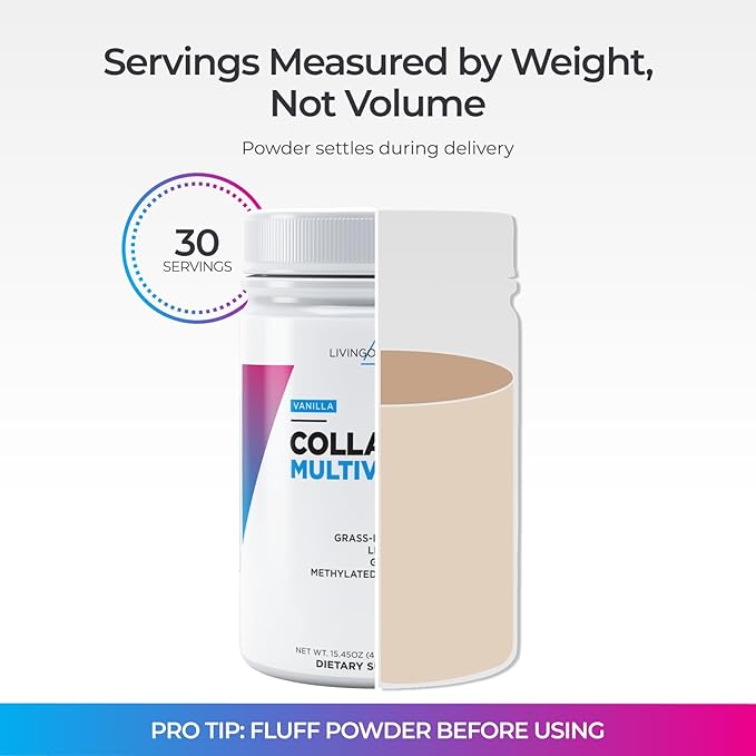 Livingood Daily Collagen Powder for Women and Men Vanilla Grass Fed Protein Hydrolyzed Collagen Peptides with Vitamin C &amp Multi Vitamins for Hair Skin Nail &amp Gut Health Gluten Free 30 S
