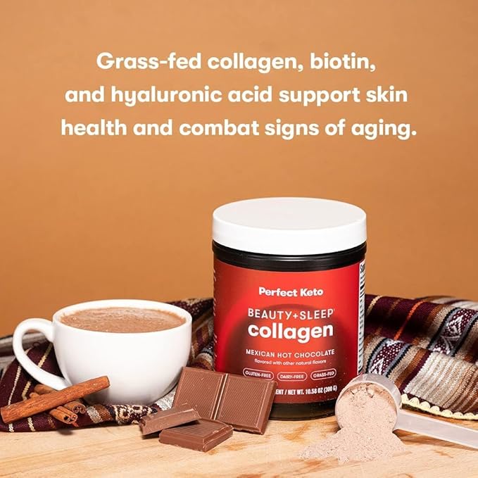 Perfect Keto Beauty + Sleep Grass Fed Collagen Peptides Protein Powder with Ashwagandha Magnesium Biotin Hyaluronic Acid L Theanine Hair Skin Nails &amp Relaxation Support Mexican Hot Chocola
