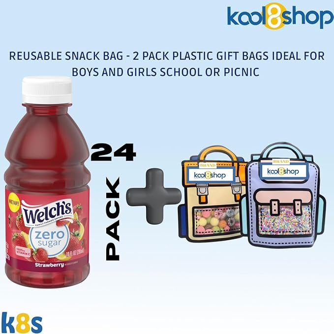 Welch's Zero Sugar Strawberry Juice Drink 10 fl oz Plastic Bottle 24 Pack + 2 Reusable Snack Bags by KOOL8SHOP Infinite Deals