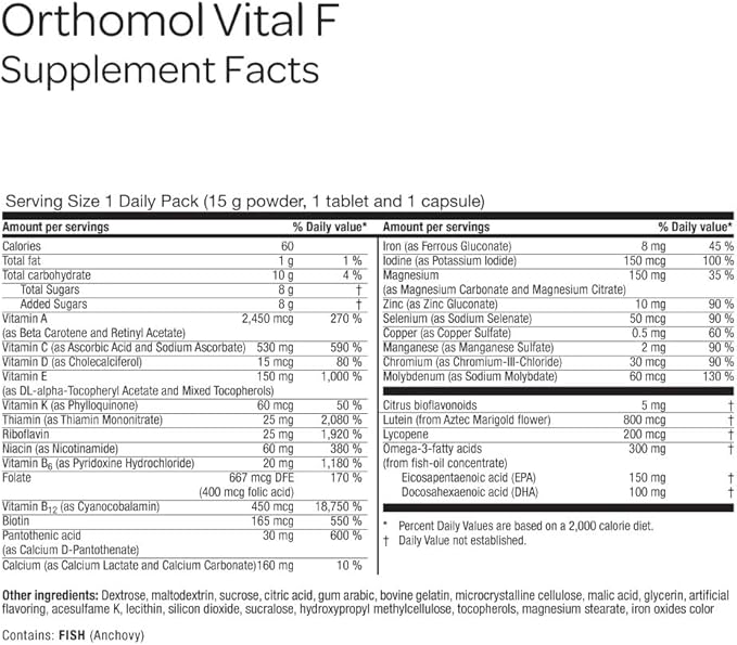 Orthomol Vital F Powder &amp Tablet Packet Women's Multivitamin 30-Day Supply Vitamins A B C D E K Calcium Iodine Omega-3…