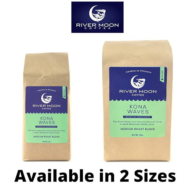 River Moon Coffee Kona Coffee Ground Medium Roast 2 lbs Kona Waves Hawaiian Blend Sustainably Farmed 100% Arabica