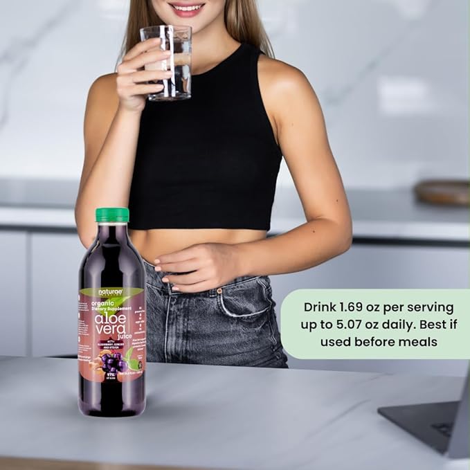 naturae Healthy Aloe Vera Juice – Natural Digestive Health &amp Immune Support – with Elderberry Ginger &amp Stevia – Promotes Stomach Balance &amp Regularity – 33.8 fl oz