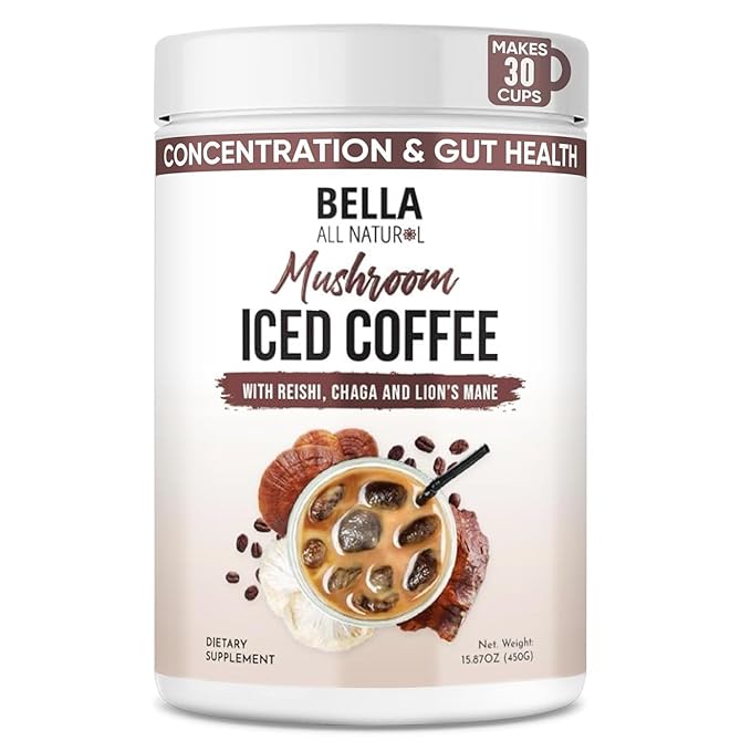 Bella all Natural Instant Mushroom Coffee – Organic Instant Coffee with Lion’s Mane &amp Chaga 30 Servings | Healthy for Focus Brain Support &amp Immunity | Mushroom Coffee Powder