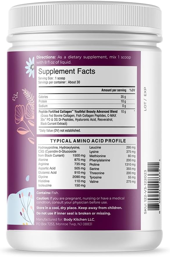 Body Kitchen Youthful Beauty Advanced Collagen Peptides Powder for Beautiful Hair Skin Nails Resveratrol and Hyaluronic Acid for Anti-Aging &amp Antioxidant Support Grass Fed (Pack of 1)