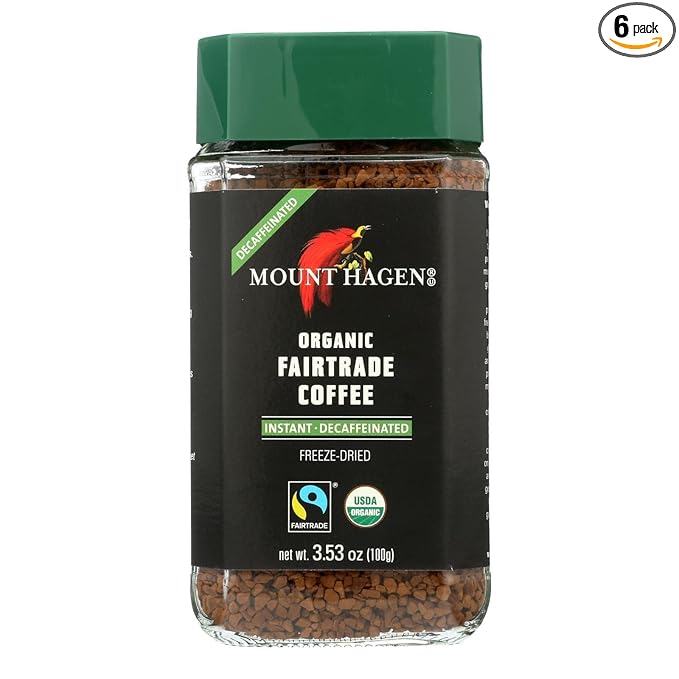 MOUNT HAGEN Organic Fair Trade CoffeeInstant Decaffeinated Pack of 6 Size 3.53 OZ - No Artificial Ingredients Fair Trade Item 95%+ Organic6