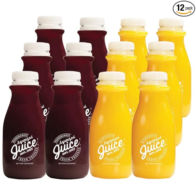 Squeezed Juice 6pk 100% Pomegranate Juice &amp 6pk 100% Mandarin Juice 11 FL OZ Bottles 12 Bottles Total | HPP Pasteurized | Not from Concentrate | Fresh Pressed | California Fruit Juice | Kosher