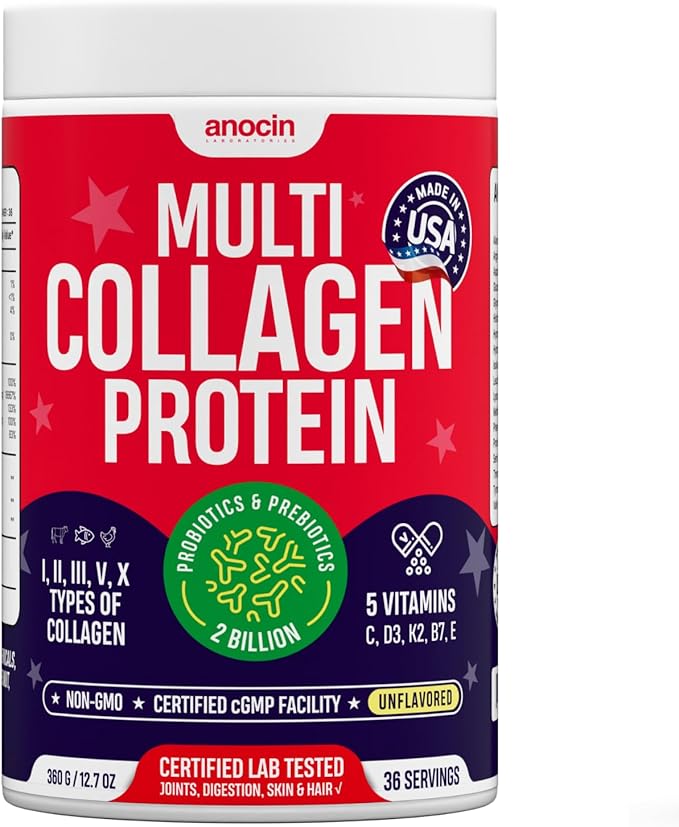 Multi Collagen Peptides w/Prebiotic + Probiotics + Type I II III V X + Hydrolyzed Collagen Powder w/Vitamin C+D3+B7+K2+E Hyaluronic Acid Supports Skin Hair Nail Joint Grass-Fed Non-GMO