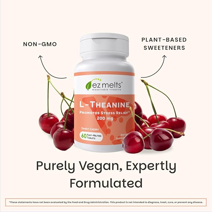 EZ Melts L-Theanine 200 mg - Stress &amp Relaxation Support Supplement - No Artificial Flavors - No Drowsiness - Non-GMO &amp Vegan - Sweet Cherry - 120 Dissolvable Tablets (60 Servings)