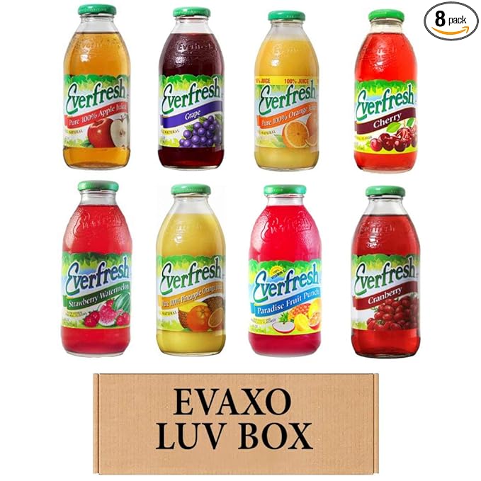 LUV BOX- variety Everfresh Juice 16 oz. pack of 8  Apple Juice  Juice- Grape  Orange Juice  Cherry  Strawberry Watermelo  Pineapple Orange Juice  Paradise Punch  Cranberry. by evaxo