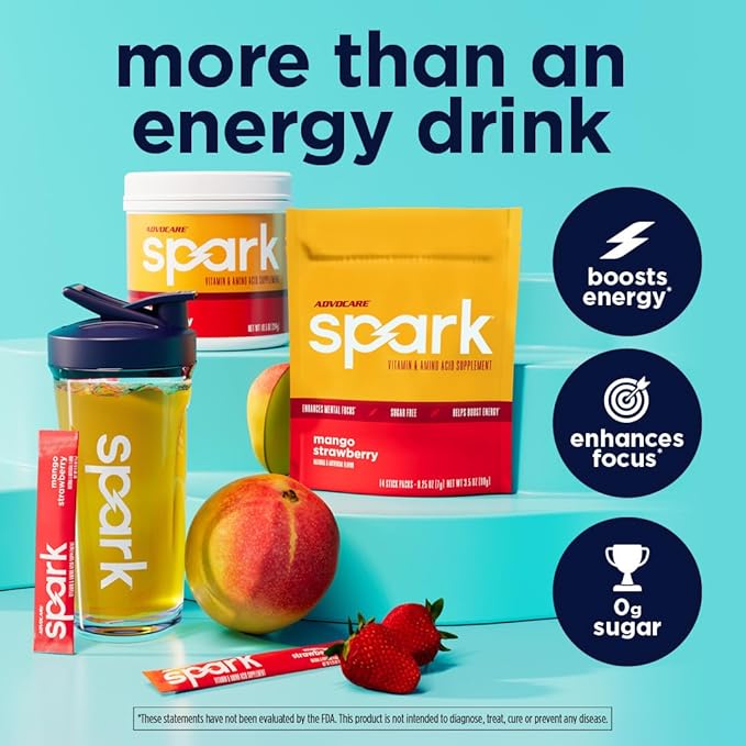 AdvoCare Spark - Energy Drink Mix - Vitamin &amp Amino Acid Supplement - Supports Energy &amp Focus* - Portable Immune Support* - Sugar-Free - Mango Strawberry 14 Stick Packs (3.5 oz)