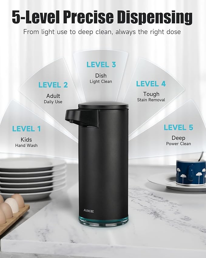 AIKE SensePro Automatic Soap Dispenser Type-C Rechargable Stainless Matte Black Coating 12.8 fl.oz. for Liquid Soap