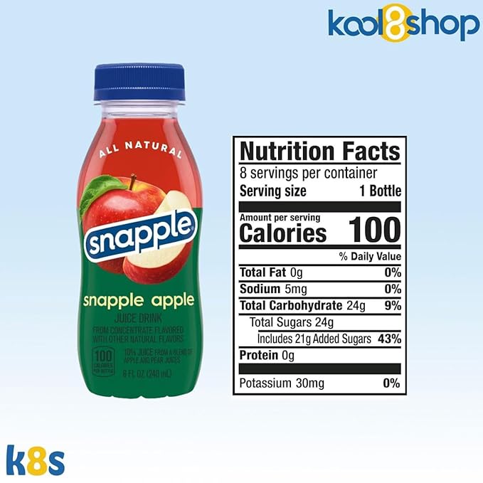 Snapple Apple All Natural Juice Drink 8 fl oz Mini Plastic Bottle 24 Pack + 2 Reusable Snack Bags by KOOL8SHOP Infinite Deals