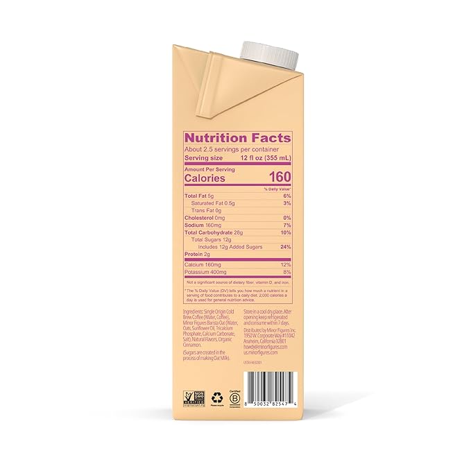 Minor Figures - Oat Latte - Cinnamon - Ready to Drink - Multi-serve - Non-GMO - Plant-Based - Vegan - Dairy-Free - Shelf Stable - Coffee - Barista Standard - Unsweetened - 32oz - 6 Pack