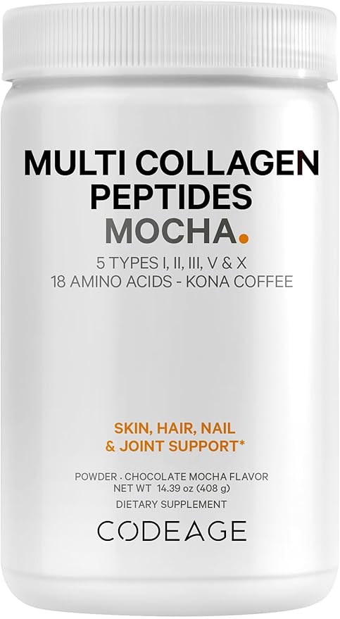 Codeage Multi Collagen Peptides Protein Powder - Chocolate Mocha Instant Coffee - Gourmet Knoa Coffee Drink &amp Shake - Collagen Type I II III V &amp X - Grass-Fed Hydrolyzed Non-GMO - 14.39oz