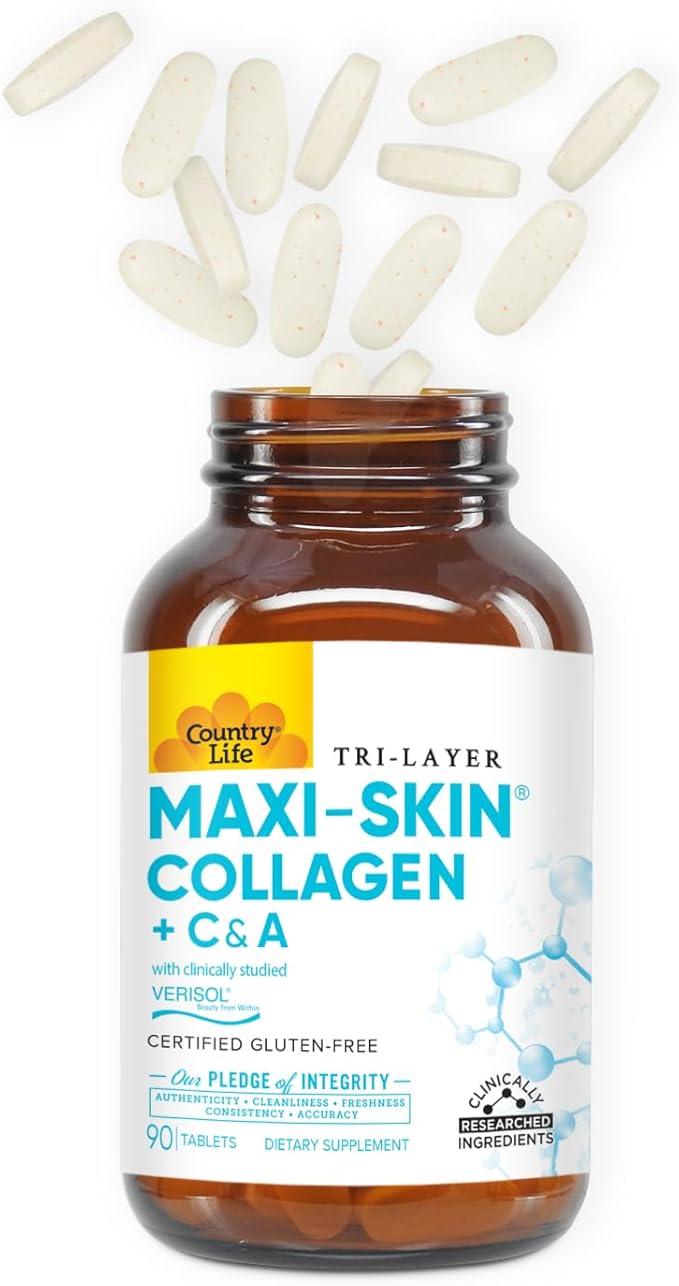 Country Life Verisol Collagen Peptides Tablets - Reduce Depth of W[KB2] rinkles &amp Enhance Skin Elasticity-90 Tablets-Includes Vitamin A&ampC - Collagen Powder for Women &amp Men - Boost Skin Col