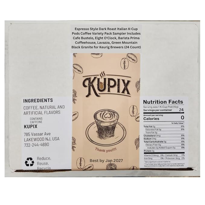 Espresso Style Dark Roast Italian K-Cup Pods Coffee Variety Pack Sampler Includes Cafe Bustelo Eight O'Clock Barista Prima Coffeehouse Lavazza Green Mountain Black Granite for Keurig Brewers (24 C