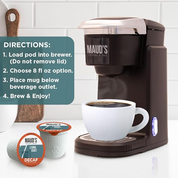 Maud's Decaf Kona Coffee Pods100 ct Decaffeinated Medium Roast Coffee in Single Serve Pods – 100% Arabica Coffee Compatible with Keurig K Cups Maker