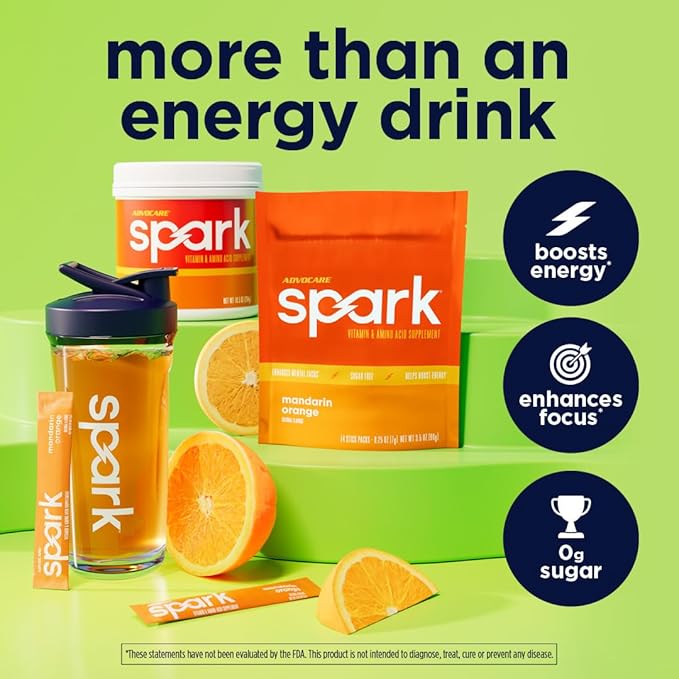 AdvoCare Spark - Energy Drink Mix - Vitamin &amp Amino Acid Supplement - Supports Energy &amp Focus* - Portable Immune Support* - Sugar-Free - Mandarin Orange 14 Stick Packs (3.5 oz)