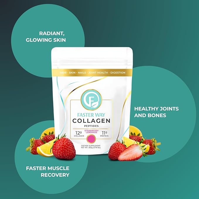 Faster Way - Collagen Peptides - 12g Hydrolyzed Collagen + 11g Protein Per Serving - Hair Skin &amp Nails - Amino Acids- Sugar Gluten &amp Dairy Free - Non-GMO - Strawberry Lemonade - 30 Servings