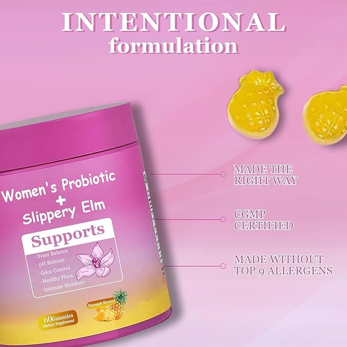 DYALE Her Juicy Feminine Probiotics Gummies for Women | Pineapple Flavor | Supports pH Balance Gut Health &amp Immune System | with Slippery Elm Prebiotics &amp Lactobacillus Blend | 60 Gummies (1