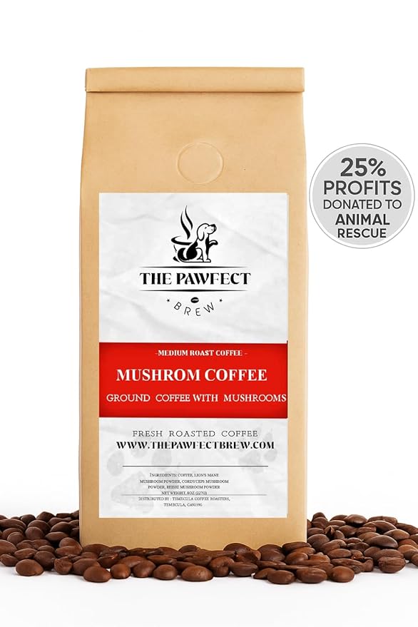 Dog Lover's Mushroom Coffee – Medium Roast Ground Specialty-Grade with Lion’s Mane Cordyceps &amp Reishi – Coffee with a Cause Drip 8oz