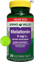 SUREFECT Spring Valley Melatonin Tablets Sleep Support Dietary Supplement Value Size 5 mg 240 Count Organizer.