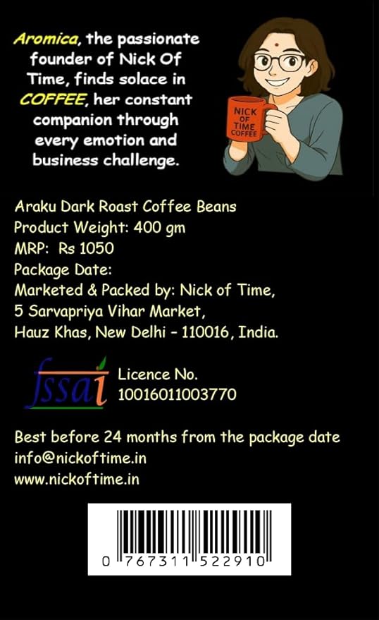 Nick of Time Indian Roasted Coffee Beans from Araku Valley | Tribal Coffee | 100% Arabica AA Grade Dark Roast | Bold and Flavorful with Rich Aroma (400g|14.10 oz)