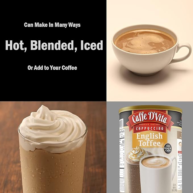 Caffe D'Vita English Toffee Cappuccino Mix - Instant Cappuccino Mix Gluten Free No Cholesterol No Hydrogenated Oils No Trans Fat 99% Caffeine Free Flavored Instant Coffee - 3 Lb Can