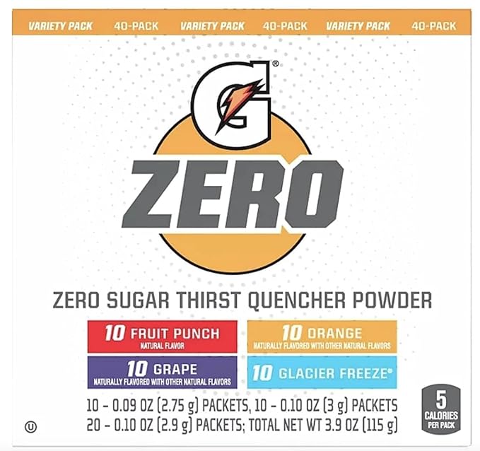Gatorades G Zero Sugar Thirst Quencher Powder (Pack Of 40) 10 Flavors Of Each (Fruit Punch Orange Grape &amp Glacier Freeze)