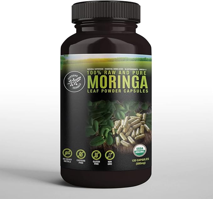 100% Raw and Pure Moringa Leaf Powder Capsules. Organic Certified Moringa Leaf. Natural Superfood with Essential Amino Acids Antioxidants and Omega 3 500mg 120 Capsules.