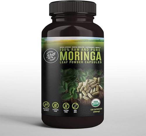100% Raw and Pure Moringa Leaf Powder Capsules. Organic Certified Moringa Leaf. Natural Superfood with Essential Amino Acids Antioxidants and Omega 3 500mg 120 Capsules.