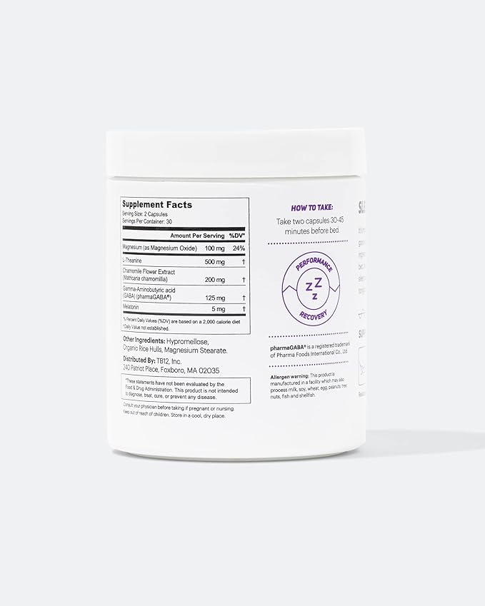 TB12 Sleep - Sleep Supplement with Magnesium L-Theanine Chamomile GABA and Melatonin to Fall Asleep Faster Promote Relaxation and Improve Sleep Quality. Stress and Mood Nightly Support