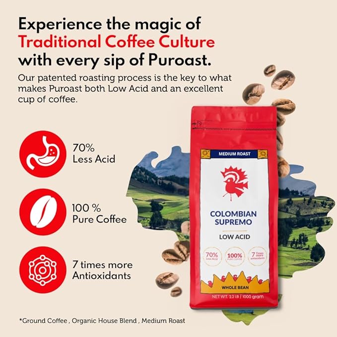 Puroast Low Acid Coffee Bean | Colombian Supremo Whole Bean | Medium Roast | High Antioxidants &amp High pH |No Bitter Aftertaste | Reduced Heartburn &amp GERD | Suitable for Cold Brew - 2.2 LB
